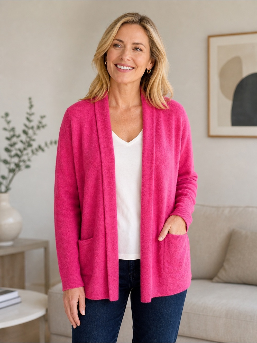 Women's Open-Front Hot Pink Cardigan with Pockets